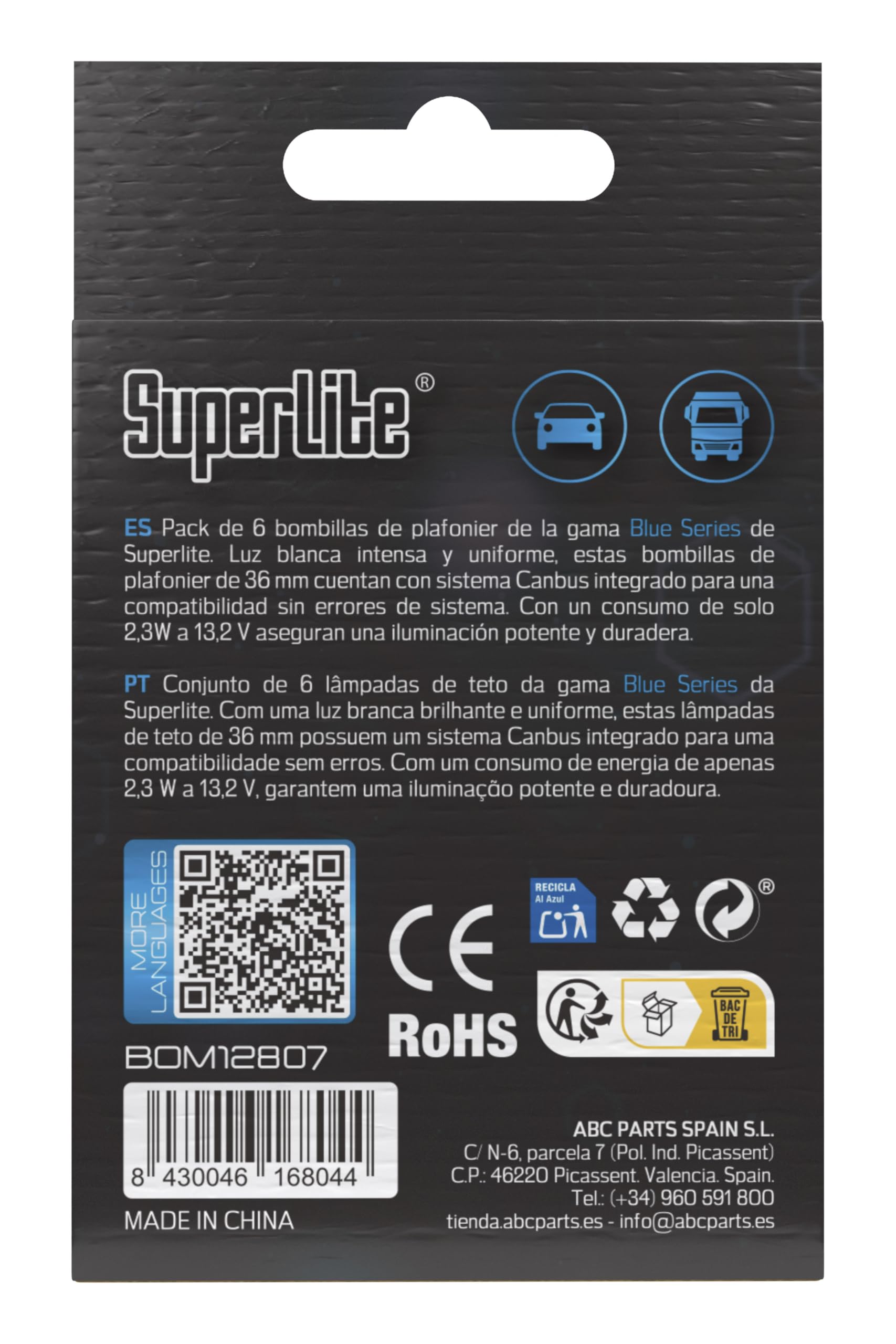Superlite Set of 2 T10 Bulbs with 18 Leds from the Blue Series range. CanBus Technology and 6500K Colour Temperature. Ideal for Car and Truck.
