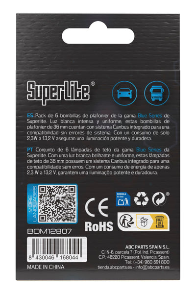 Superlite Set of 2 T10 Bulbs with 18 Leds from the Blue Series range. CanBus Technology and 6500K Colour Temperature. Ideal for Car and Truck.