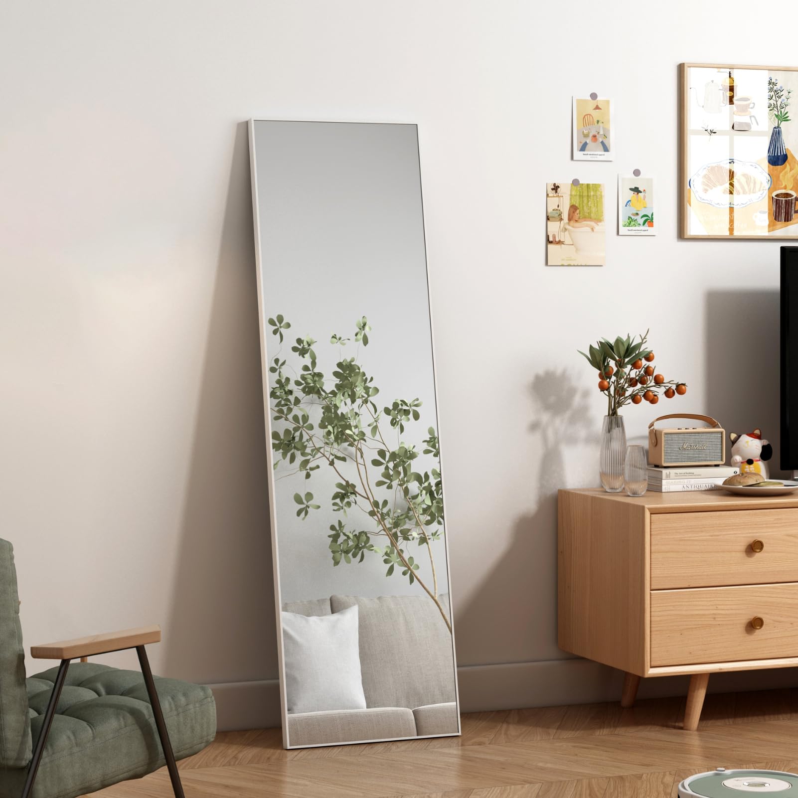 Hoikwo Full Length Mirror 55.12x16.15 inches,Standing Mirror 140x41cm with White Frame for Bedroom, Living Room or Bathroom