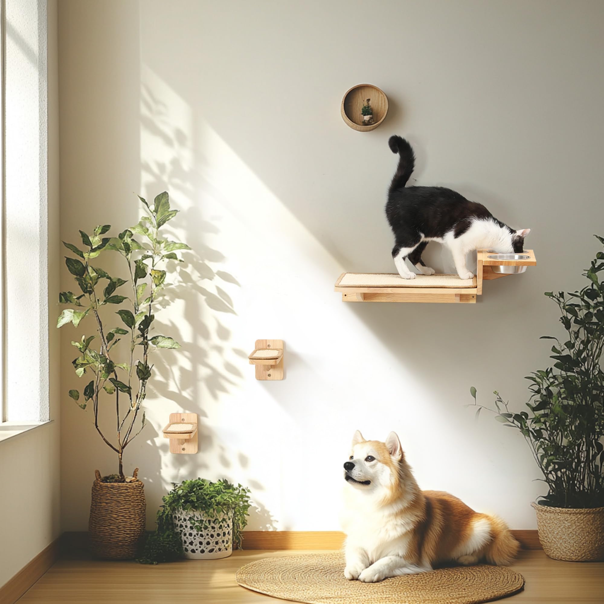 FUKUMARU Cat Wall Shelves, 3 in 1 Cat Wall Furniture Set, Cat Food Station with 2 Wall Steps, Solid Rubber Wood Cat Perch, Suitable for Cats Play,