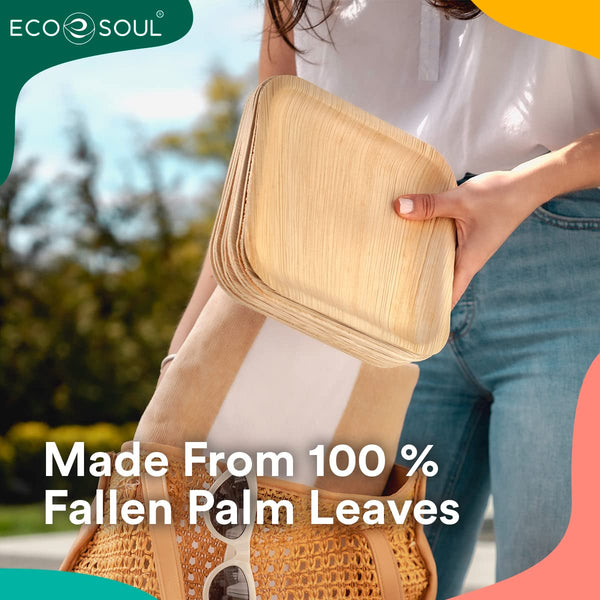 ECO SOUL 100 Disposable Palm Leaf Plates 8(20cm) Square Bamboo Plate I Eco Friendly, Biodegradable, Compostable Heavy-Duty Plate, Wooden Plates for
