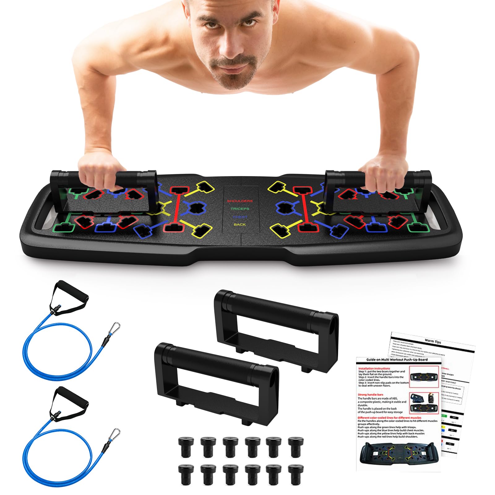 20 in 1 Press Up Board with Resistance Bands，Different color-coded pushups board target specific muscle exercise (Blue for Chest/Red for Shoulders/Yellow for Back/Green for Triceps).