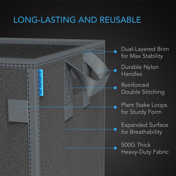 AC Infinity Square Heavy Duty Fabric Pots, 7 Gallon Aeration Reusable Grow Bags 5-Pack with 500G Thick Nonwoven Fabric and Plant Stake Loops, for