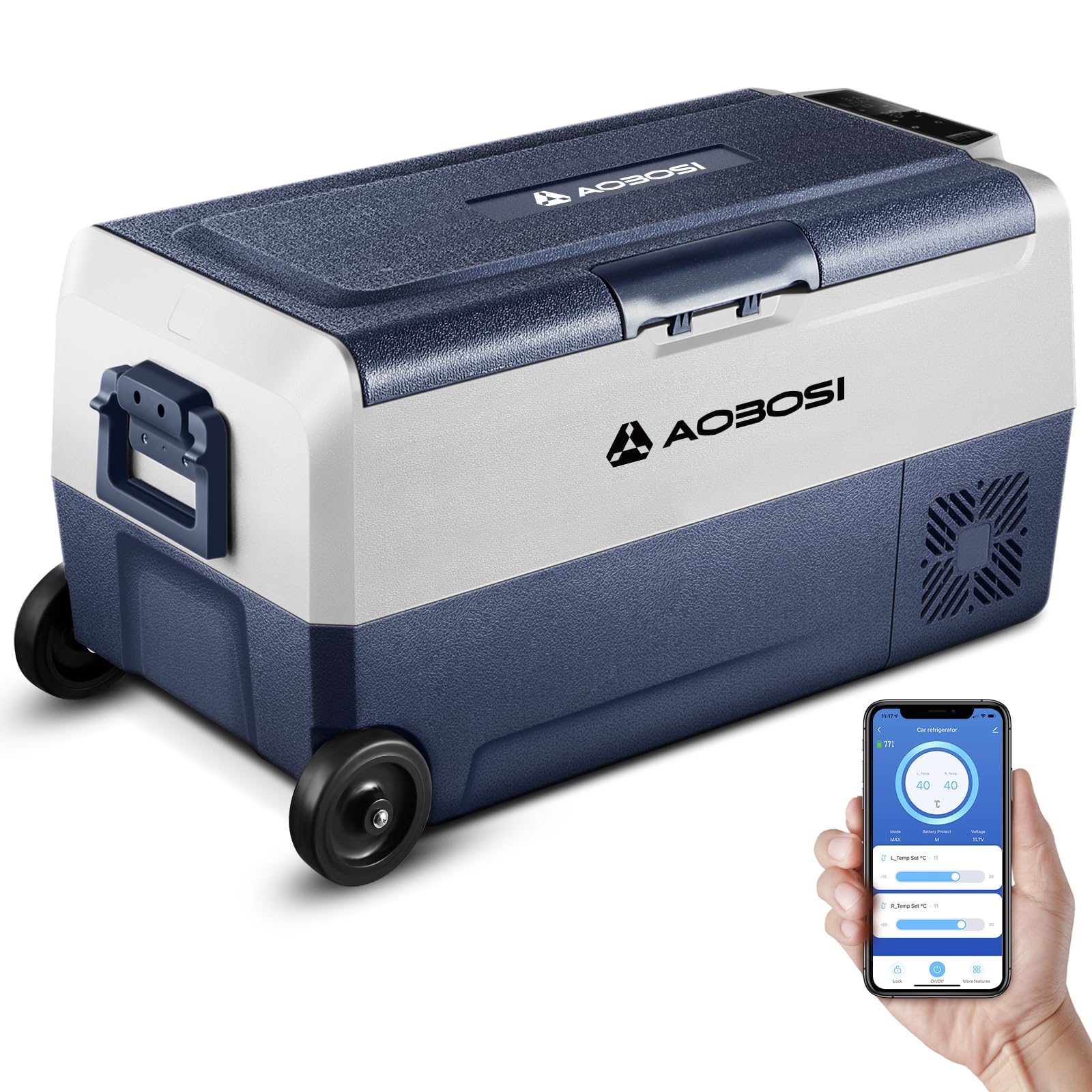 AAOBOSI 50L Compressor Car Fridge Freezer, Portable Camping Fridge with APP Control for 12/24V DC & 100-240V AC, Electric Cooler for Truck Campervan RV Boat, -20℃ to 20℃