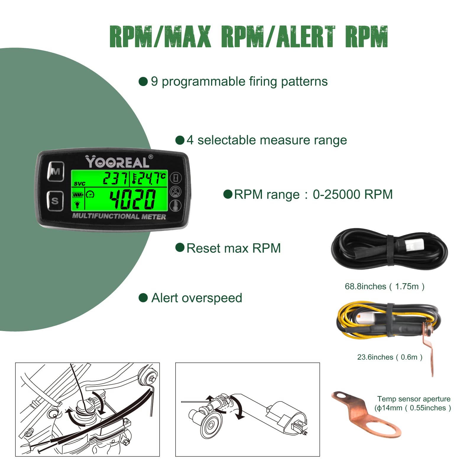Yooreal Engine Temperature Gauge,TEMP Meter,User Shutdown Tachometer for Scooter Snowmobile Mini Bike Motorcycle Lawn Mower Generator Dump Truck