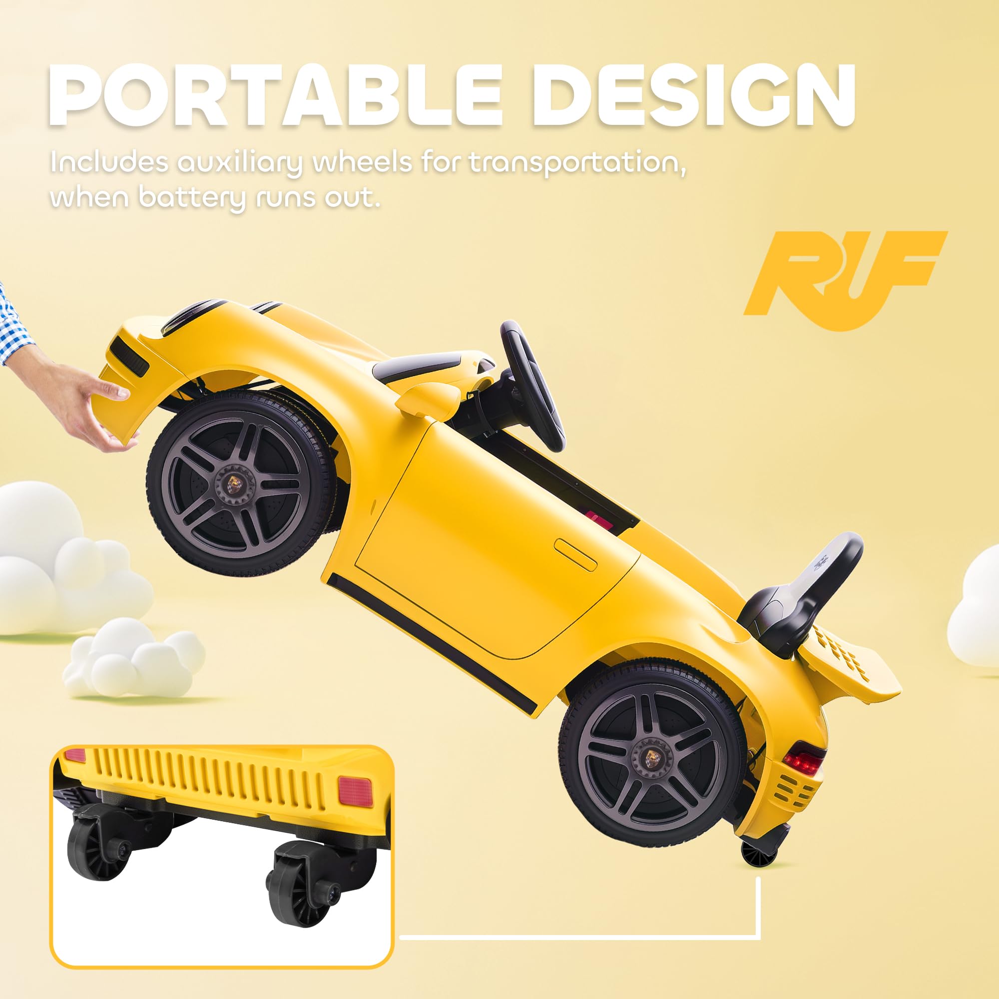 AIYAPLAY Licensed RUF CTR 2017-Yellowbird Electric Car for Kids, Ride On Car 12V Battery Powered Kids Electric Vehicle with Remote Control, Soft Start, MP3 Player, LED Lights, Horn, Yellow