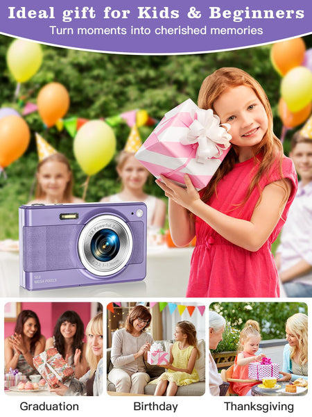 Upgrade Digital Camera, 56MP FHD 1080P 16X Kids Digital Zoom Camera, 32GB TF Card, Portable Mini Camera with 2 Batteries, Lanyard, Compact Small Camera for Kids Boys Girls（Black）