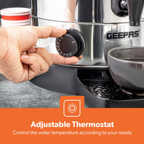 Geepas Electric Catering Urn, 1650W Instant Hot Water Boiler Dispenser - Tea Urn Kettle Home Brewing Commercial Office Use with Keep Warm - Easy Pour Tap, 15 Litre, Stainless Steel – 2 Year Warranty