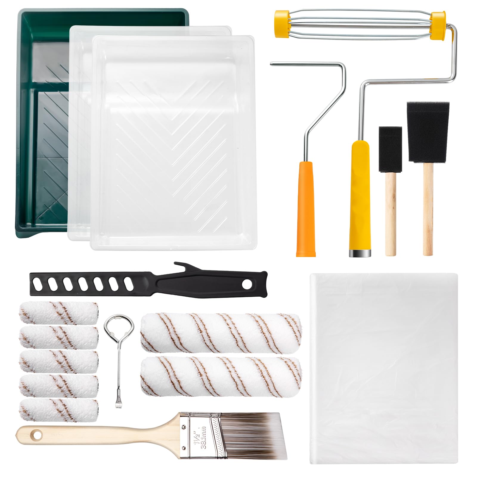 Mister Rui 10 pcs Paint Roller Set, 9" Microfiber Paint Rollers Kit, 9" Microfiber Paint Roller Set with Frame, Paint Rollers and Trays Set, Paint Brush for Walls & Ceilings