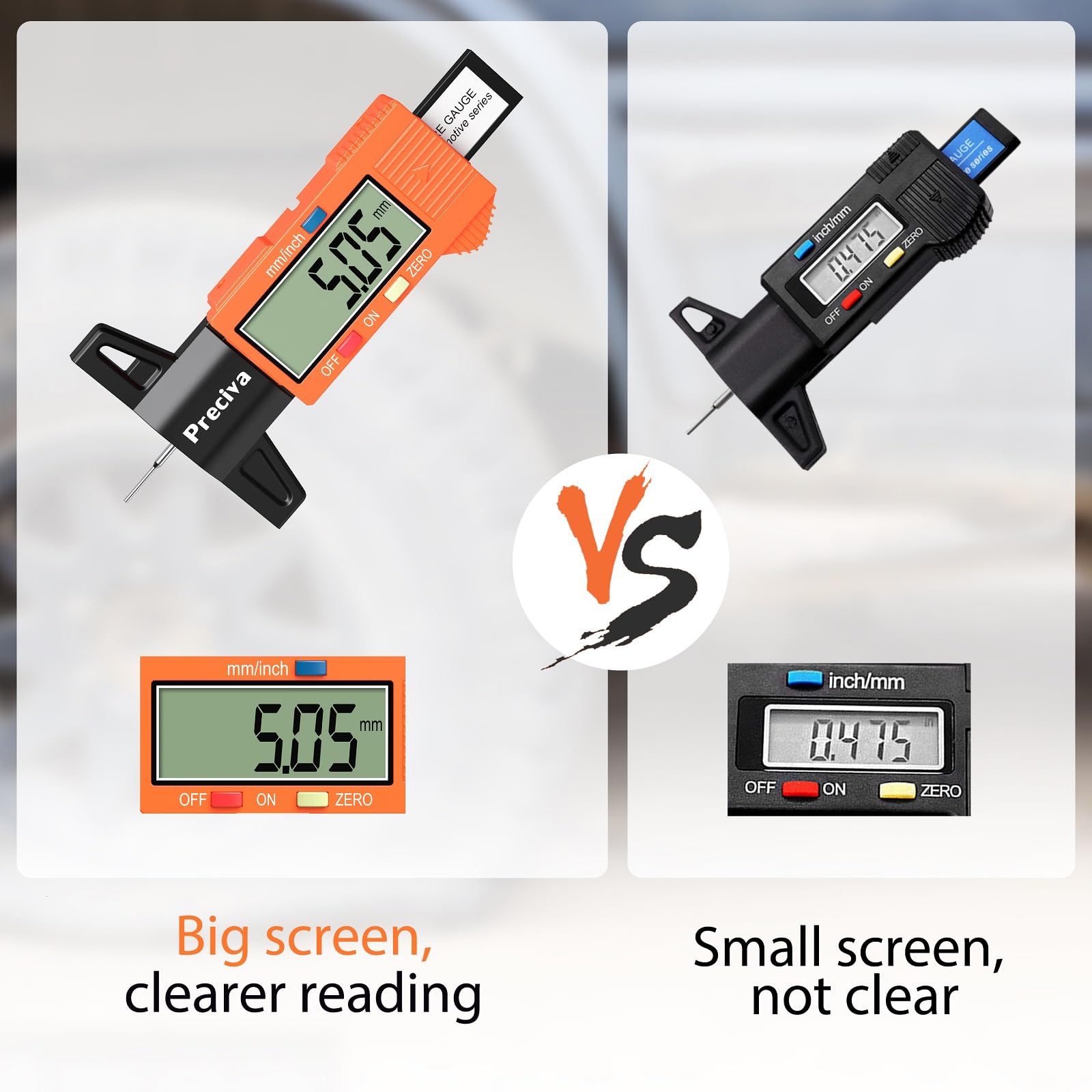 Tyre Tread Depth Gauge, Preciva Silver 0-25.4mm/Inch Digital Tire Checker UK, Tyres Depths Measuring Tool with Large LCD Screen for Cars, Trucks, Vans