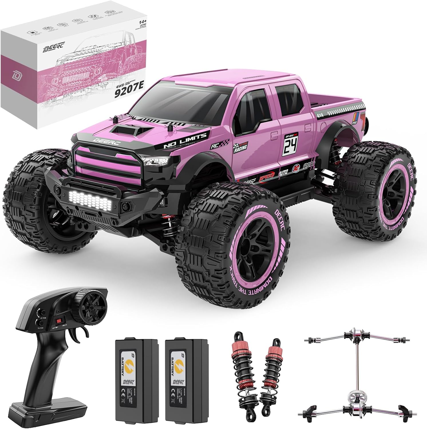 DEERC 1:10 Fast RC Cars for Adults, 4X4 Hobby Remote Control Monster Truck, 48+KM/H, All Terrain High Speed Pink RC Truck Crawler with 2 Modular Batteries, Toy Vehicle Gift for Kids