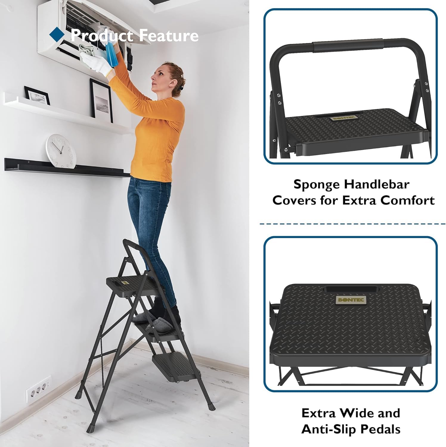 BONTEC 4 Step Ladder Folding, Heavy Duty Foldable Step Stool with Wide Anti-Slip Pedals, Sponge Handrail and Tool Tray, Portable Household Ladder 150kg Capacity, Compact Collapsible Indoor Ladder