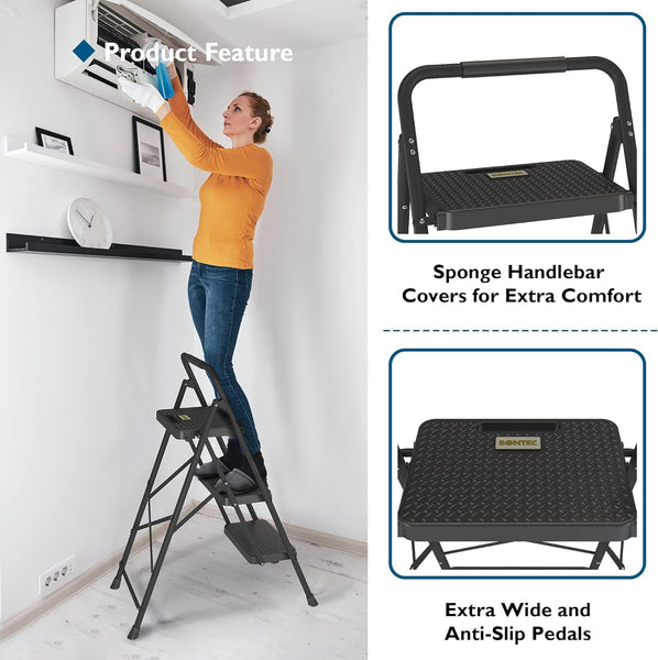 BONTEC 2 Step Ladder, Capacity 150KG with Wide Anti-Slip Pedals, Folding Steel Step Stool, Sponge Handlebar, Lightweight Portable Ladder Suitable for Home, Kitchen, Pantry, Indoor/Outdoor Use, Black
