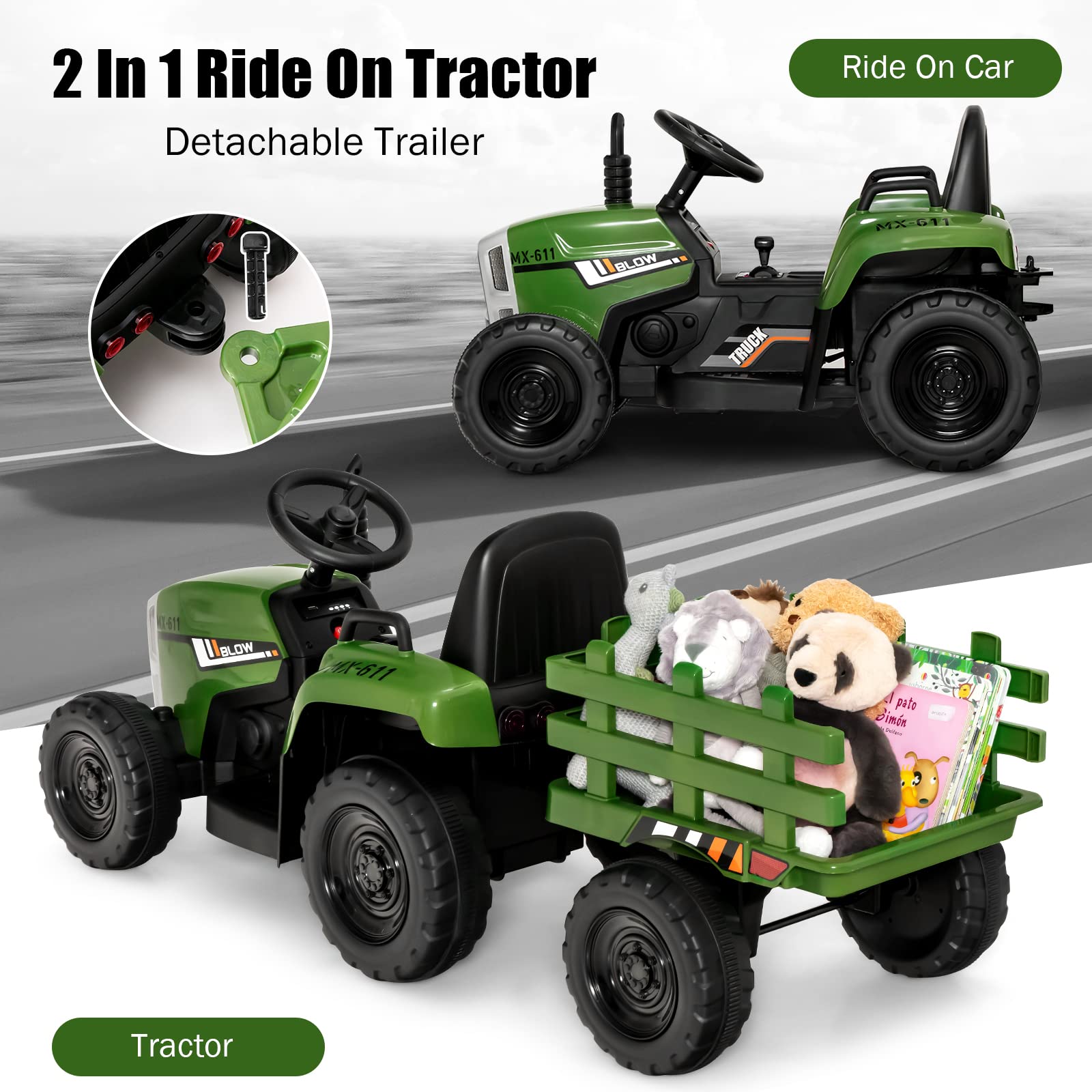 COSTWAY Ride on Tractor and Trailer, 12V Battery Powered Electric Kids Toy Car with Remote Control, LED Lights, USB & Bluetooth Music, Four Wheels Ride on Toys for Children Ages 3+(Dark Green)
