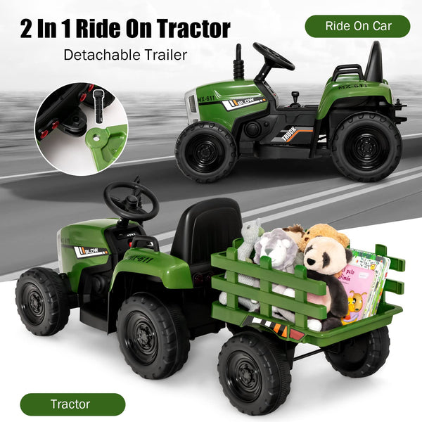 COSTWAY Ride on Tractor and Trailer, 12V Battery Powered Electric Kids Toy Car with Remote Control, LED Lights, USB & Bluetooth Music, Four Wheels Ride on Toys for Children Ages 3+(Dark Green)