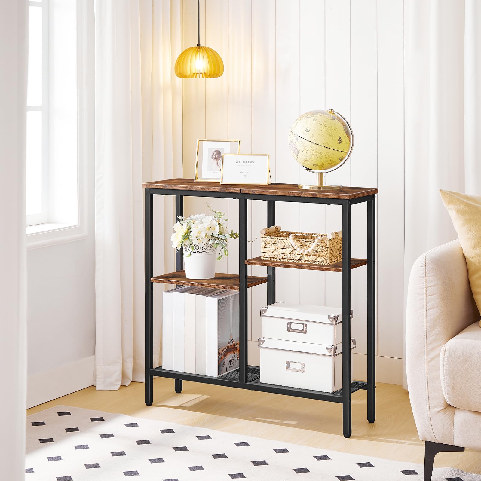 HOOBRO Console Table, Narrow Console Table, Slim Sofa Table with 4-Tier Storage Shelves, Industrial Hallway Table with Metal Mesh Shelf, for Hallway,