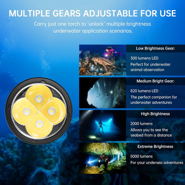 Wurkkos DL40 Dive Torch,Bright Max 5000 Lumen Diving Flashlight Scuba Diving Torch with 4 LH351D LED,Scuba Diving Equipment IPX8 Waterproof,High 90CRI Rechargeables Diving Torch