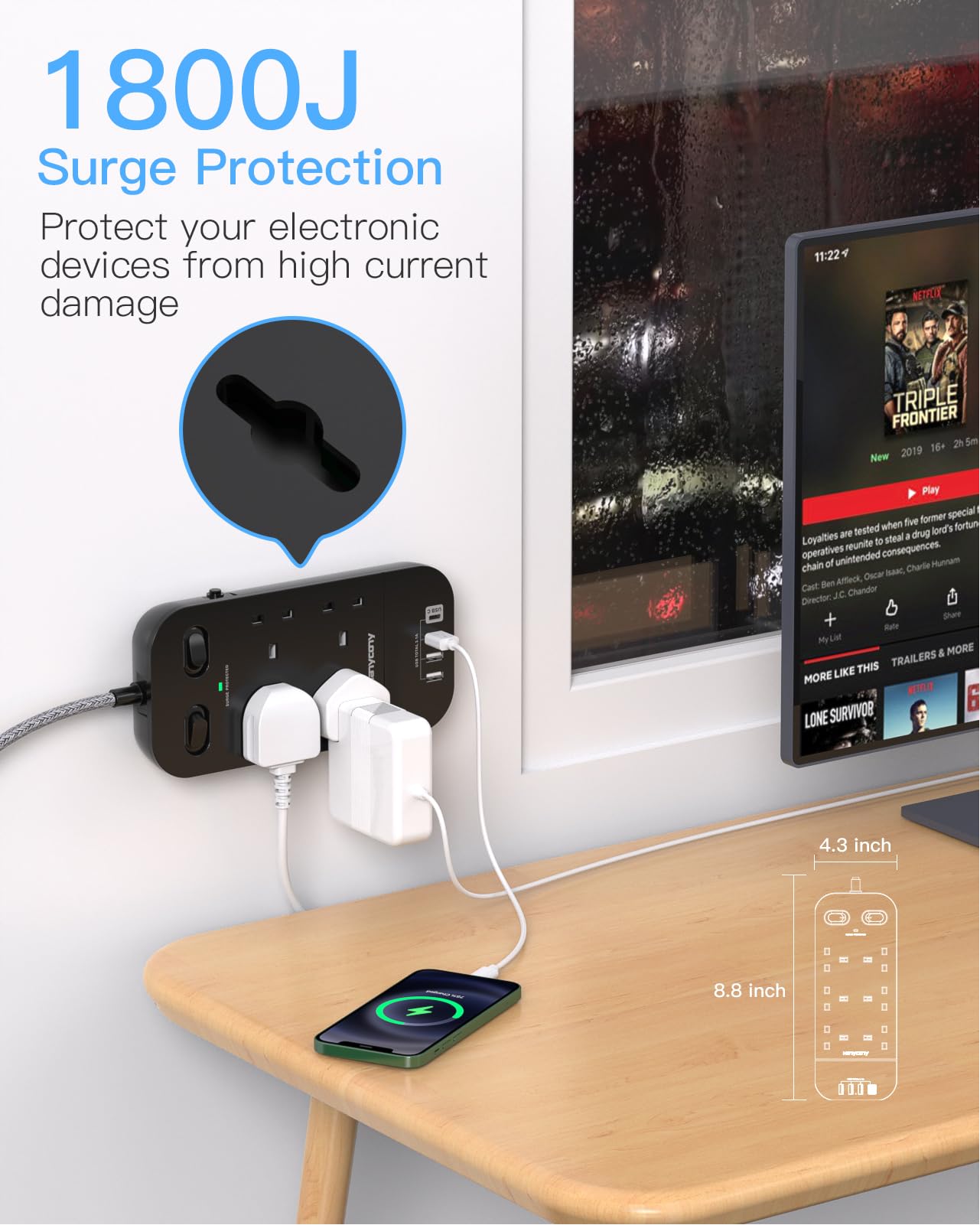 4 Way Surge Protected Extension Lead with USB Slots, HANYCONY Extension Cable with Double Switches, Plug Extension Socket 1.8M Braided Extension Cord for Home Office Accessories, Gray