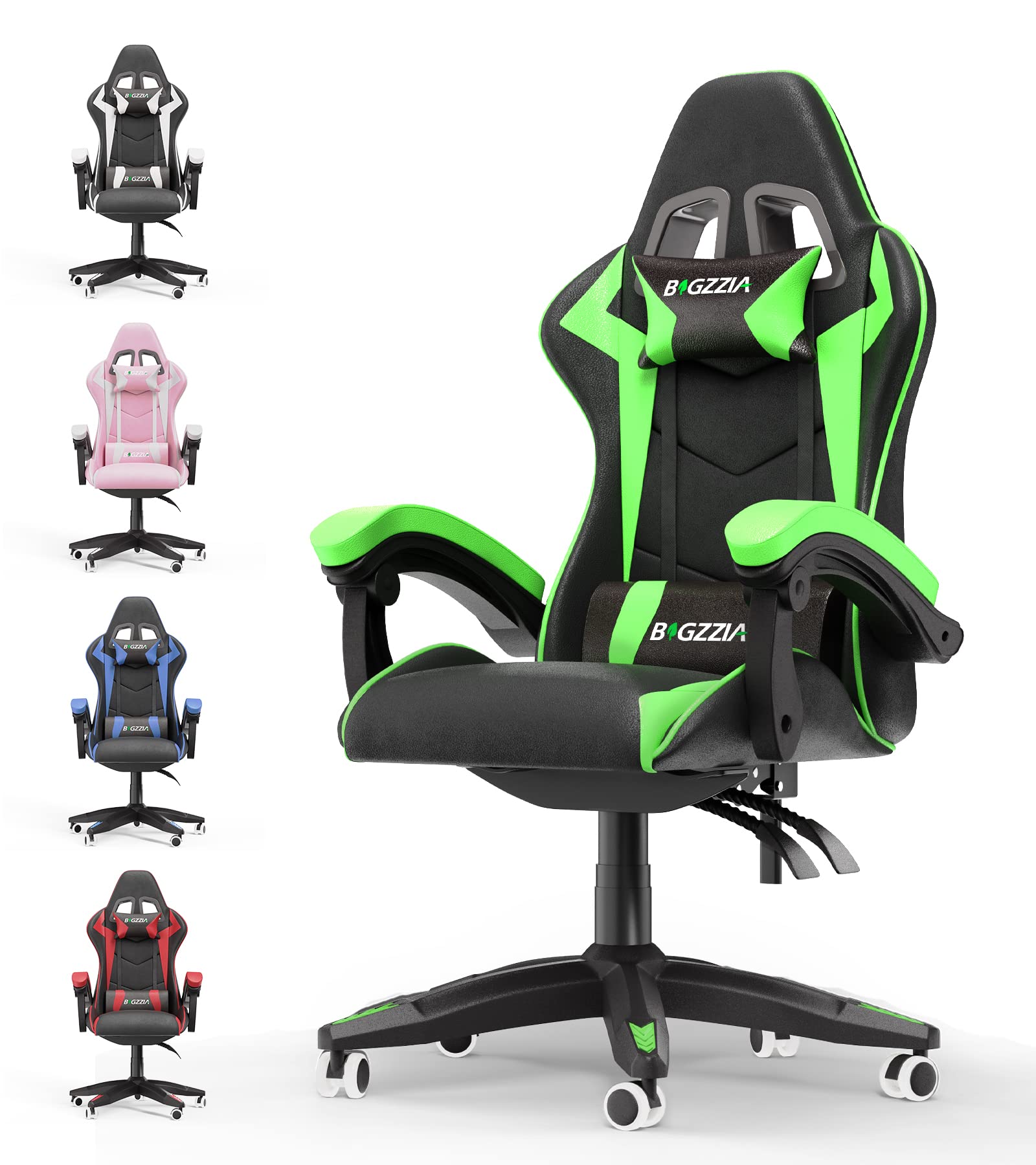 bigzzia Ergonomic Gaming Chair - Gamer Chairs with Lumbar Cushion + Headrest, Height-Adjustable Office & Computer Chair for Adults (without footrest, White)