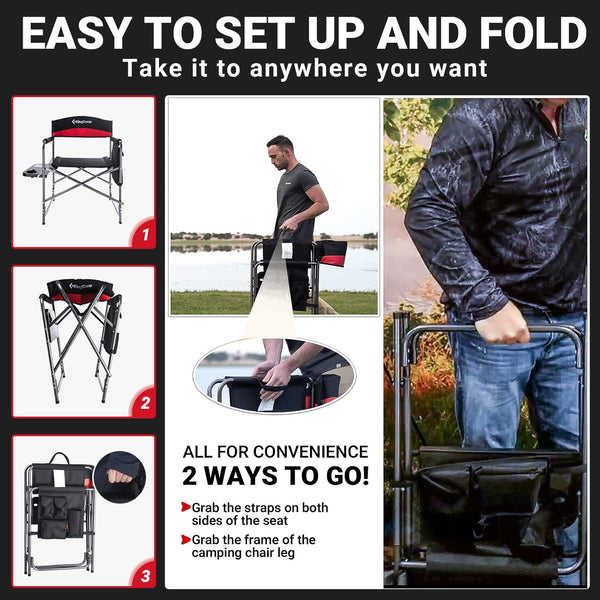 KingCamp Folding Camping Chairs for Adluts Heavy Duty Directors Chair with Cooler Bag and Side Table Support up to 150KG