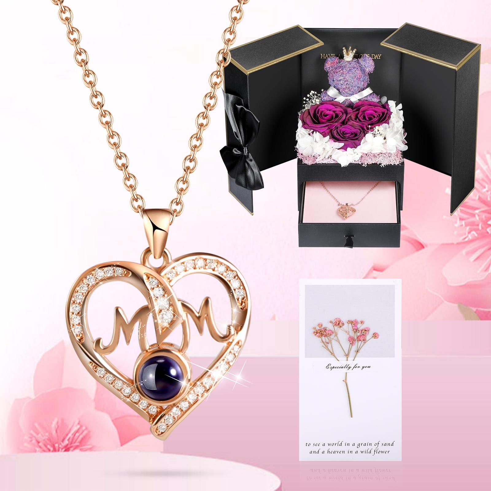 ADDWel Mother Gifts for Mum, Preserved Purple Rose Gift Box with Mum Necklace I Love You in 100 Languages, Eternal Red Roses for Women, Gift for Her