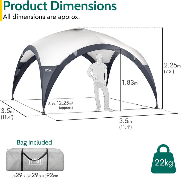 Trail Dome Gazebo with Sides, Portable Steel Pole Shelter, Outdoor Event Camping Garden, 4 Walls, 2 with Doors & Windows, UPF50+ Sun Protection, 4000mm Waterproof, Vent, Bag (3.5m x 3.5m x 2.25m)
