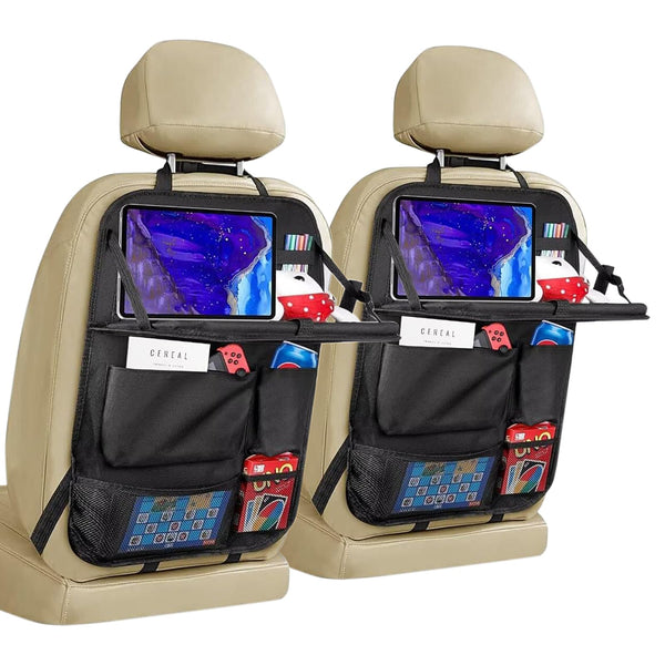 Resszo Car Organiser,Car Seat Organiser for Kids with Tablet Holder, Multifunctional WaterProof Back Seat Protector with 10.5 iPad Foldable Tray Table, 6 Pockets Toy Storage