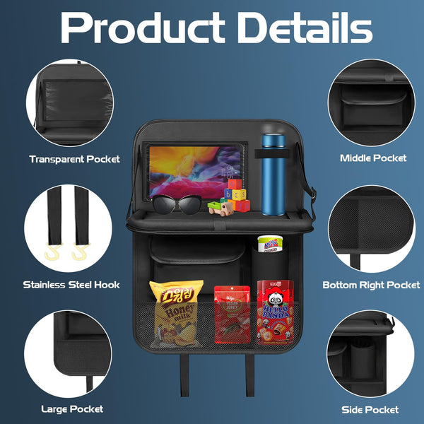 Resszo Car Organiser,Car Seat Organiser for Kids with Tablet Holder, Multifunctional WaterProof Back Seat Protector with 10.5 iPad Foldable Tray Table, 6 Pockets Toy Storage