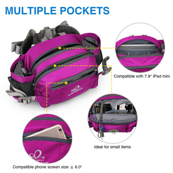 Waterfly Hiking Waist Pack Bum Bag Waist Bag with Bottle Holder Running Bag for Camping Climbing Travel Cycling and Dog Walking