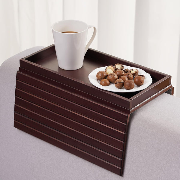 GEHE Natural Bamboo Sofa Arm Tray Table for Couch, Armrest Anti-Slip Cup Holder for Snacks, Phone, Control, Cups - Flexible, Foldable, Mahogany