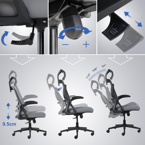Realm of Thrones CAPTAIN Ergonomic Office Chair for Home, Heavy Duty Steel Base, Versatile Flip-up Armrests, Adjustable Lumbar Support, Mesh Back Comfort Cushion Seat for Computer Desk/Gaming (Black)