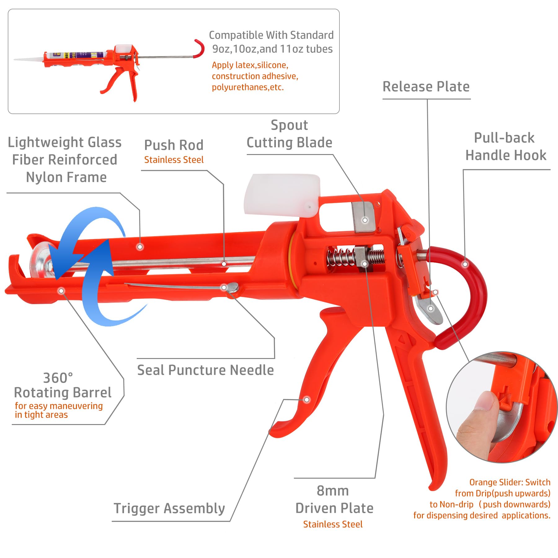iLitLuk Drip-Free Caulking Gun Ratchet Rod Caulk Gun Applicator 15:1 Thrust Ratio Labor-Saving Lightweight Nylon Frame Cartridge Gun for 10oz/300ml Standard Caulk Tubes with Silicone Finishing Tools