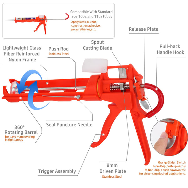 iLitLuk Drip-Free Caulking Gun Ratchet Rod Caulk Gun Applicator 15:1 Thrust Ratio Labor-Saving Lightweight Nylon Frame Cartridge Gun for 10oz/300ml Standard Caulk Tubes with Silicone Finishing Tools