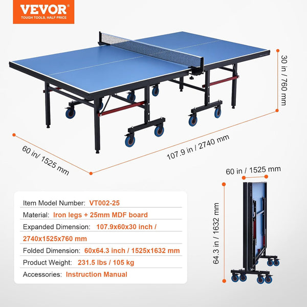 VEVOR Ping Pong Table, Professional Table Tennis Game, Indoor MDF Portable Table Tennis Table, Foldable Ping Pong Table with Quick Clamp Net and Lockable Wheels, 10 Minute Easy Assembly, 25mm Tabletop