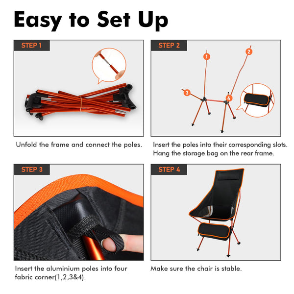 SOPPY Folding Camping Chair Ultra Lightweight, Portable Backpacking Chair, Heavy Duty 135kg Capacity, Outdoor Chairs with Carry Bag for Camping, Garden, Fishing, Beach,BBQs - Orange