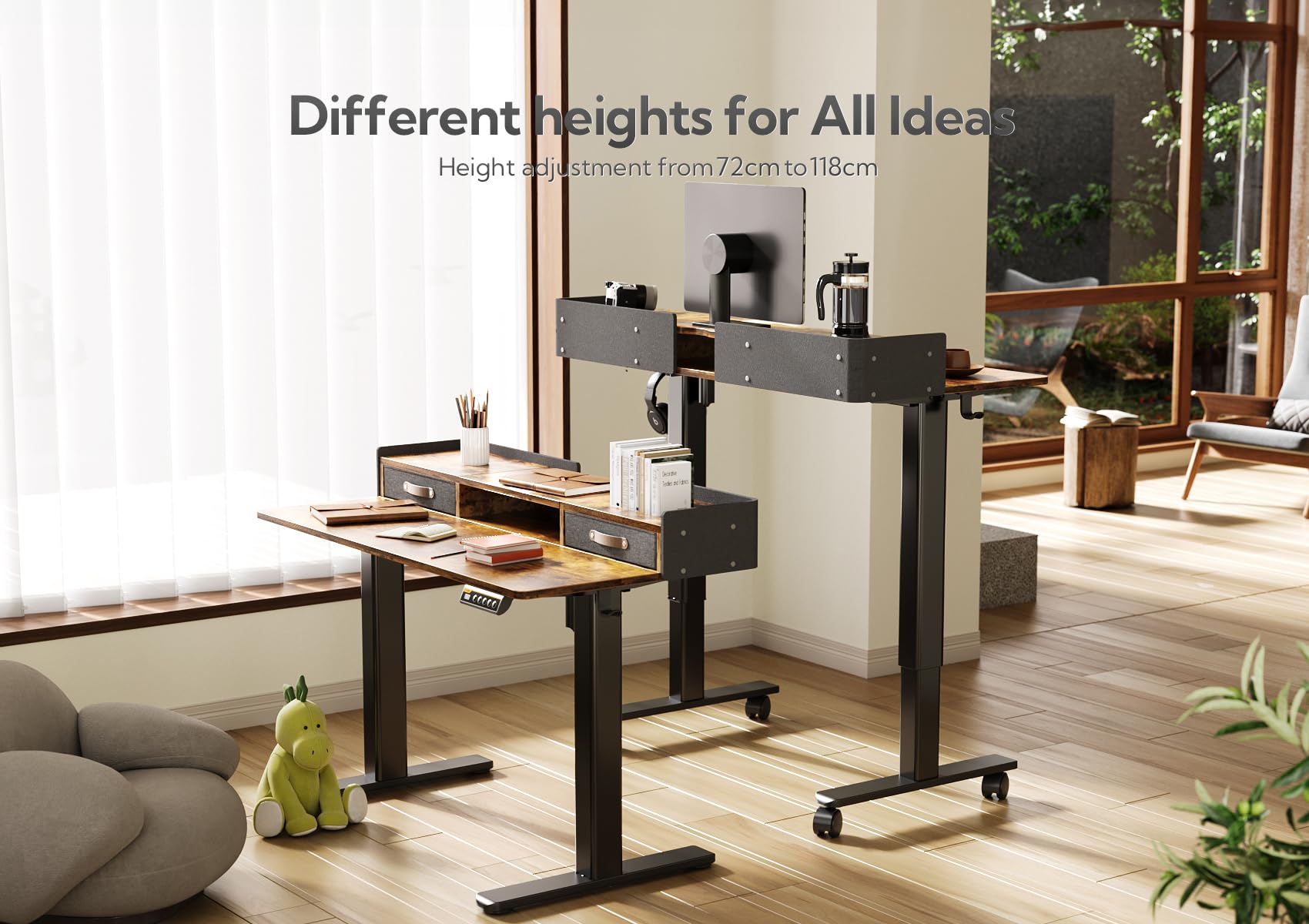 Claiks Electric Standing Desk with Drawers, 120x60cm Height Adjustable Desk with Storage Shelf and Splice Board, Stand Up Desk for Home Office, White Frame/Maple Top