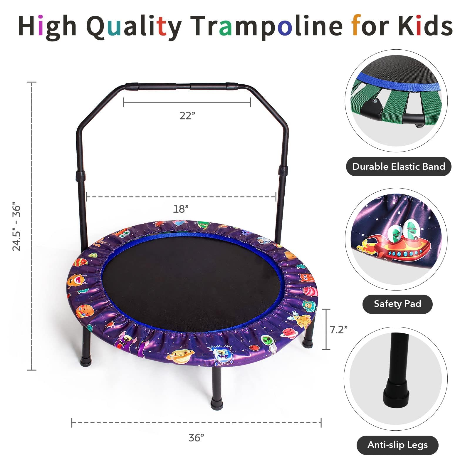 36'' Kids Trampoline Mini Trampoline Indoor & Outdoor Rebounder Trampolines with Adjustable Handle and Safety Padded Cover Foldable for Kids Toddler