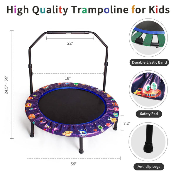 36'' Kids Trampoline Mini Trampoline Indoor & Outdoor Rebounder Trampolines with Adjustable Handle and Safety Padded Cover Foldable for Kids Toddler