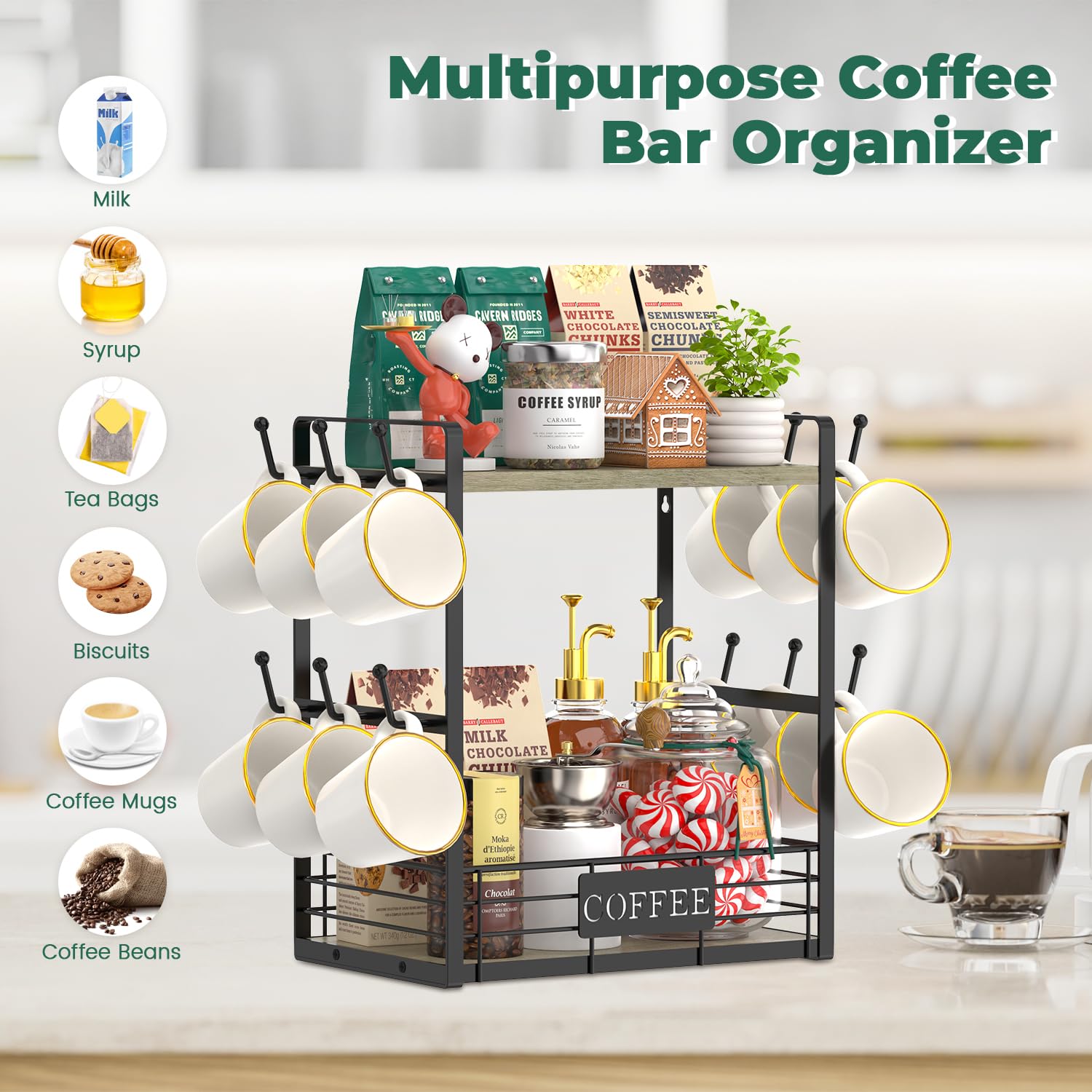 EsLuker.ly 2 Tier Coffee Bar Organizer Countertop Station Rack for Kitchen, Multi-functional Coffee Mug Holder Display Stand, Accessory Storage Shelf