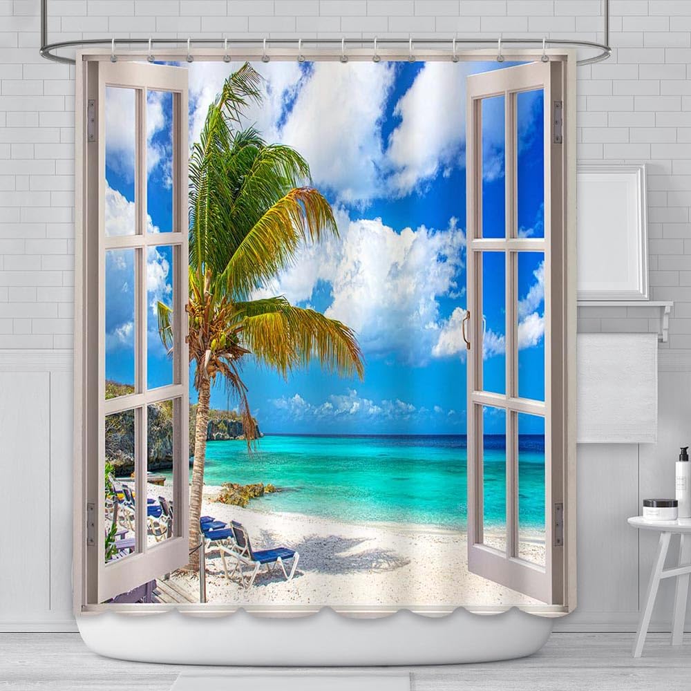 AIBIIN 180x180cm Summer Beach Shower Curtain Tropical Hawaiian Island Palm Trees Ocean White Cloud Wooden Windows Bathroom Curtains Home Decoration