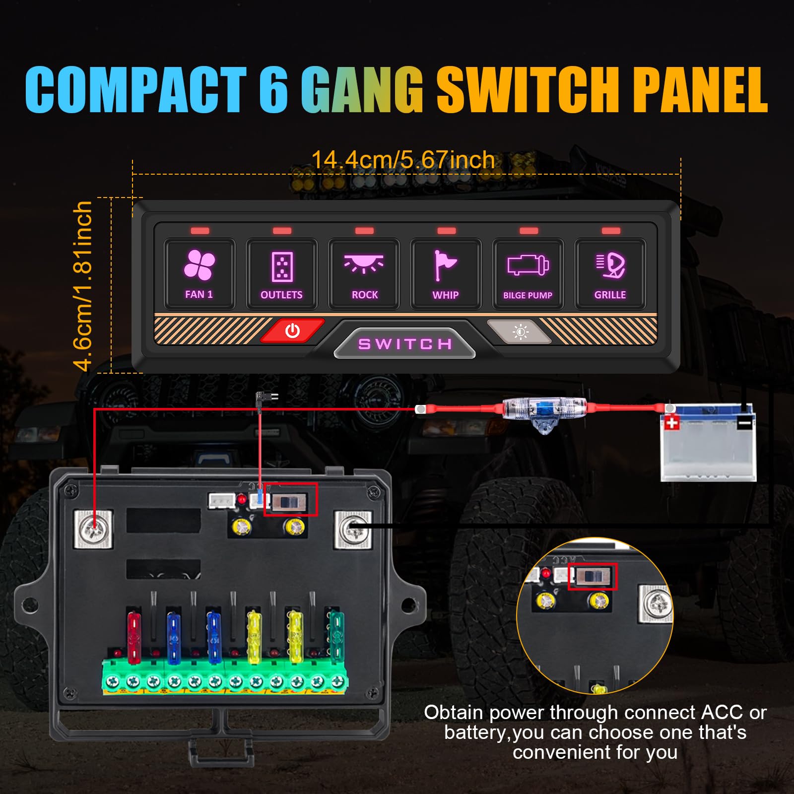 Chelhead 12V/24V Switch Control Panel RGB 6 Gang Dimmable Multi-Function Programmable Switch Panel Acc Battery Control Waterproof, Compatible with Truck Boat SUV RV Trailer Marine ATV UTV