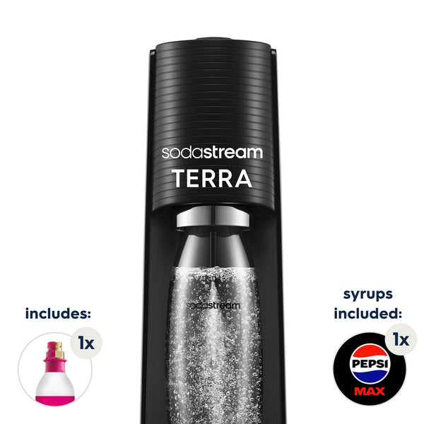 SodaStream - Terra Sparkling Water Maker, Quick Connect CO2 System, Includes 60L Gas Cylinder, BPA-Free 1L Bottle, Eco-Friendly & Reduces Plastic Waste, Black
