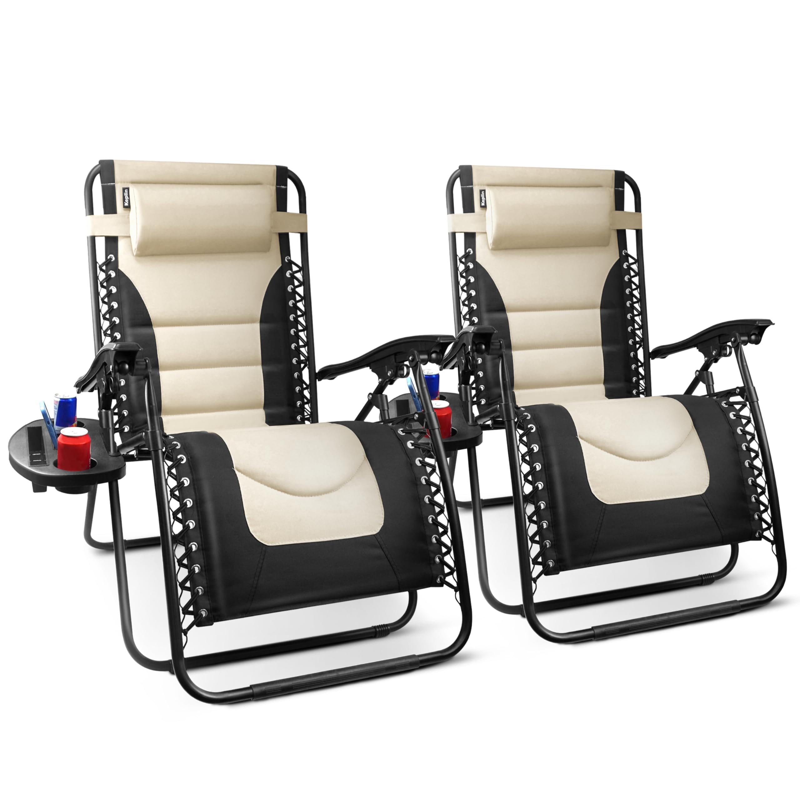 KEPLIN Set of 2 XXL Premium Heavy Duty Padded Zero Gravity Chairs - Luxurious Garden Recliners, Adjustable Headrest, Cup & Phone Holder, Foldable, Easy to Clean Patio Sun Loungers(Black)