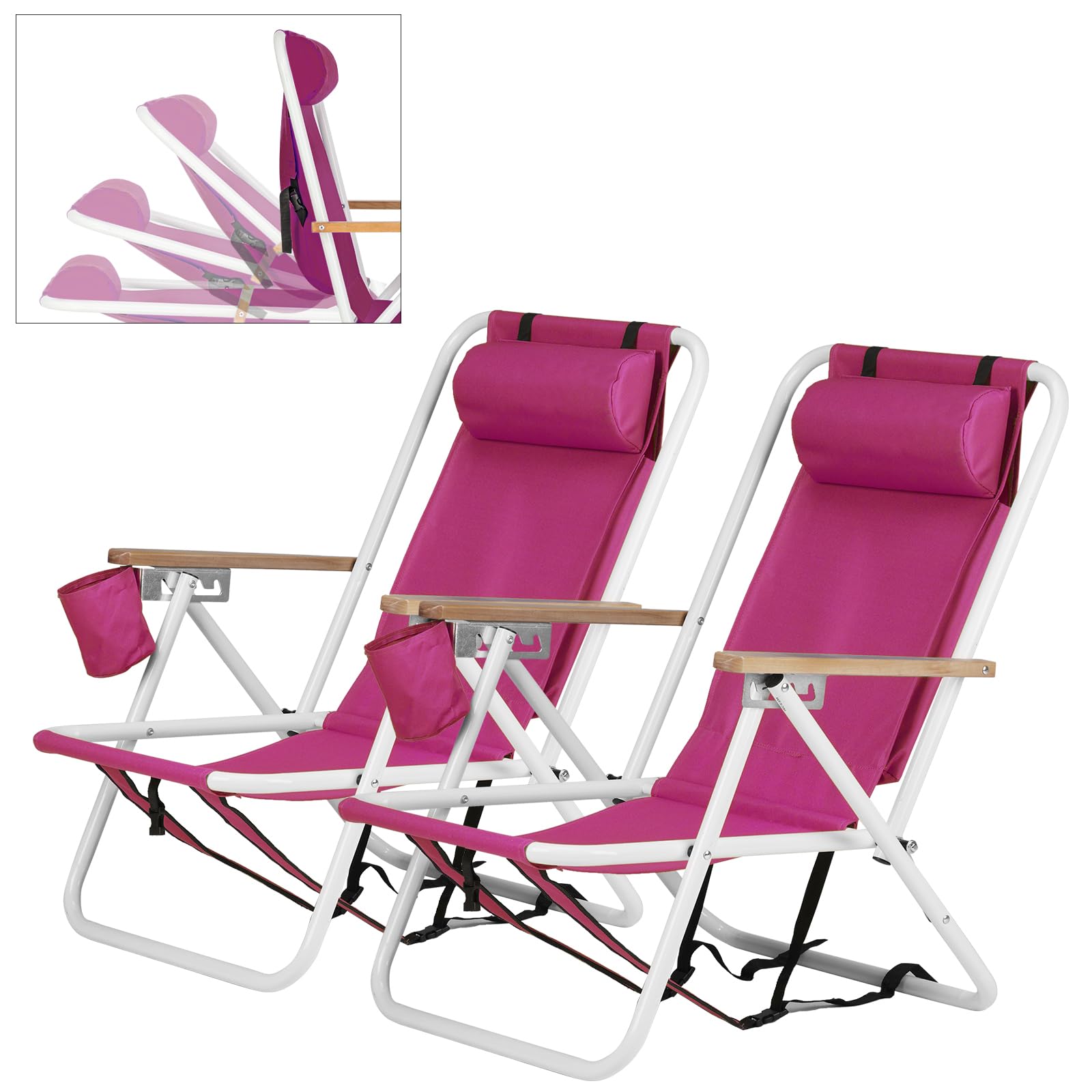 Outopee Set of 2 Folding Beach Chair, Portable Camping Backpack Beach Chair with 4 Level Positions, Adjustable Headrest, Cup Holder for Fishing Poolside Picnic, 120kg Capacity, Blue