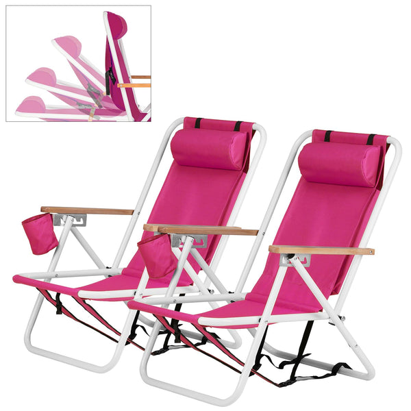 Outopee Set of 2 Folding Beach Chair, Portable Camping Backpack Beach Chair with 4 Level Positions, Adjustable Headrest, Cup Holder for Fishing Poolside Picnic, 120kg Capacity, Blue