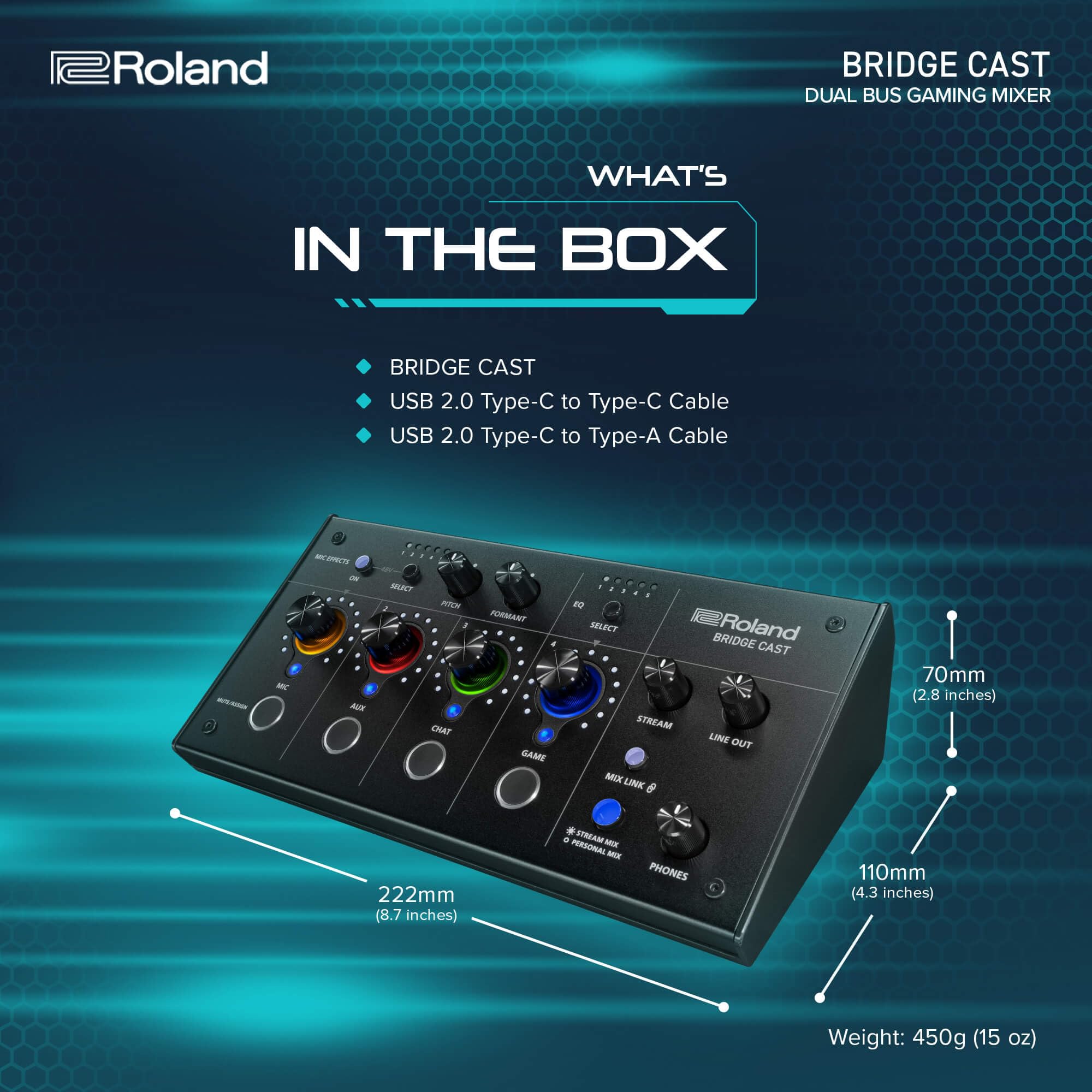 Roland BRIDGE CAST ONE Dual Bus Streaming Mixer Compact Audio Streaming Mixer For Online Gamers & Content Creators 32-Bit Hardware DSP USB-C Windows and Mac Connectivity XLR Mic Support