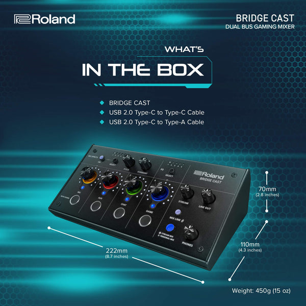 Roland BRIDGE CAST ONE Dual Bus Streaming Mixer Compact Audio Streaming Mixer For Online Gamers & Content Creators 32-Bit Hardware DSP USB-C Windows and Mac Connectivity XLR Mic Support
