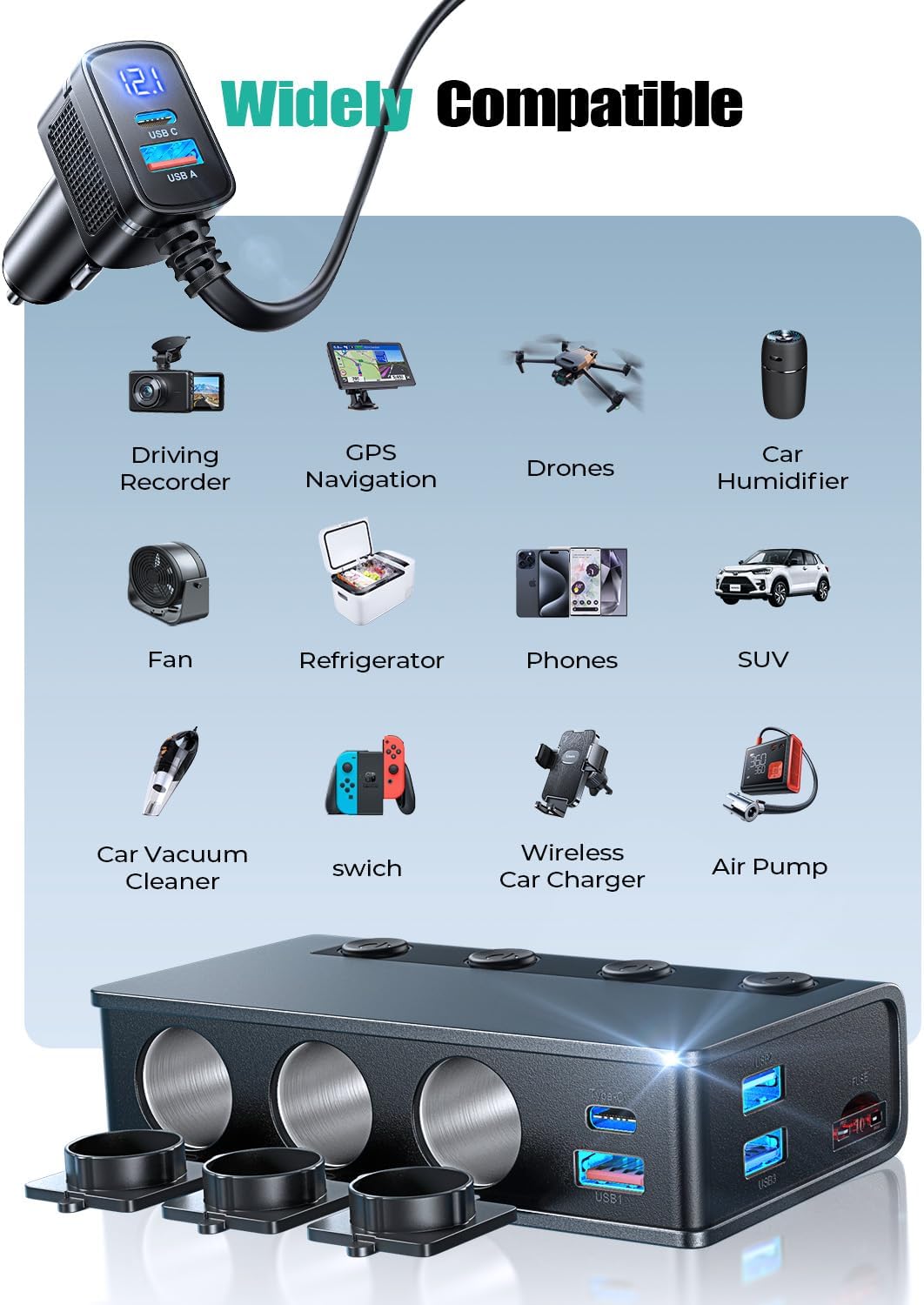 LISEN 9-in-1 Car Cigarette Lighter Multi Socket, 191W Cigarette Lighter Splitter Car 12V Multi Socket Car Charger Adapter Accessories for iPhone 16/15/14, Samsung and All Road Trip Car Devices