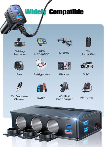 LISEN 9-in-1 Car Cigarette Lighter Multi Socket, 191W Cigarette Lighter Splitter Car 12V Multi Socket Car Charger Adapter Accessories for iPhone 16/15/14, Samsung and All Road Trip Car Devices
