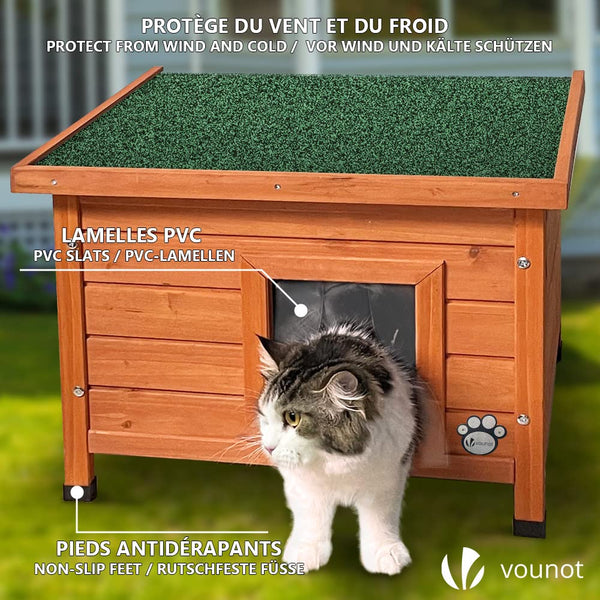 VOUNOT Cat House Outdoor with Kennel Door Privacy Window Cat Wooden Shelter 57x45x43cm, Grey